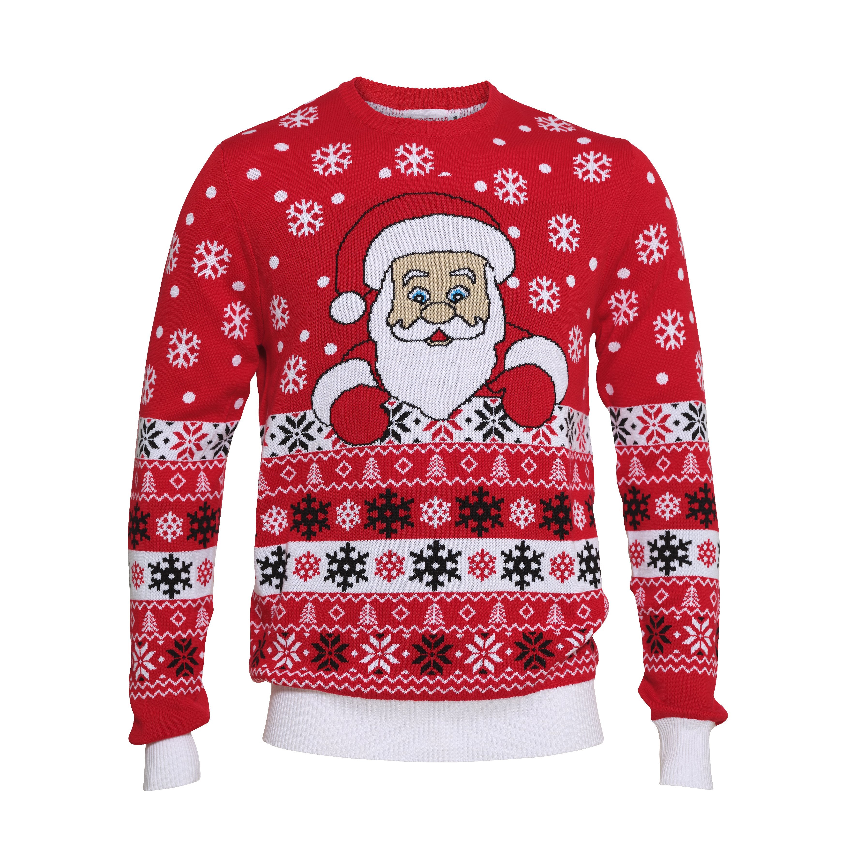 Un pull rouge de Noël avec le Père Noël et des flocons de neige.